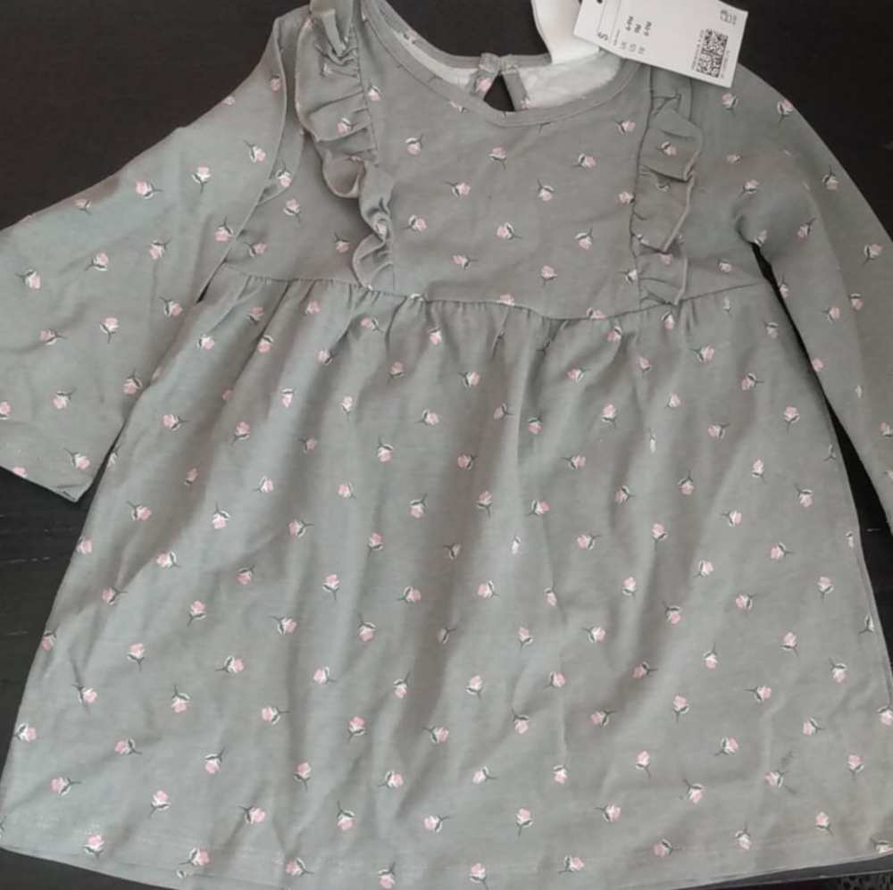 Basic Grey Cotton A-line Mini Rose Bud Floral Print Dress Size 6-9 months